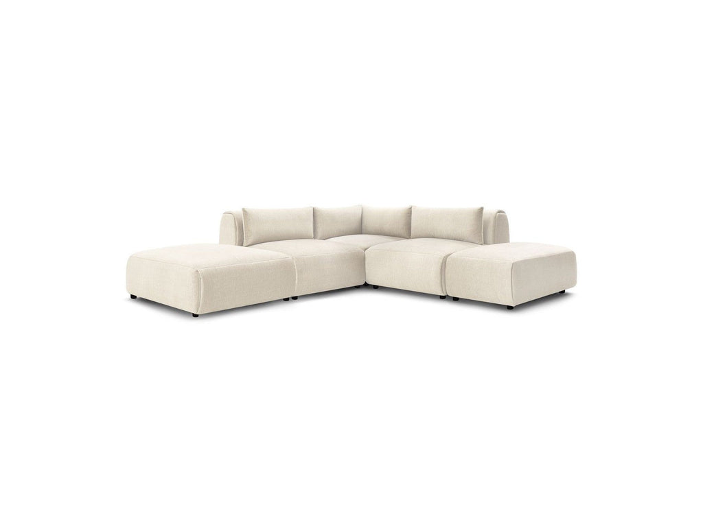 Jeanne - Canapé D'Angle Fixe Modulable - Tissu Velours Avec 2 Chauffeuses, 1 Angle Et 2 Poufs