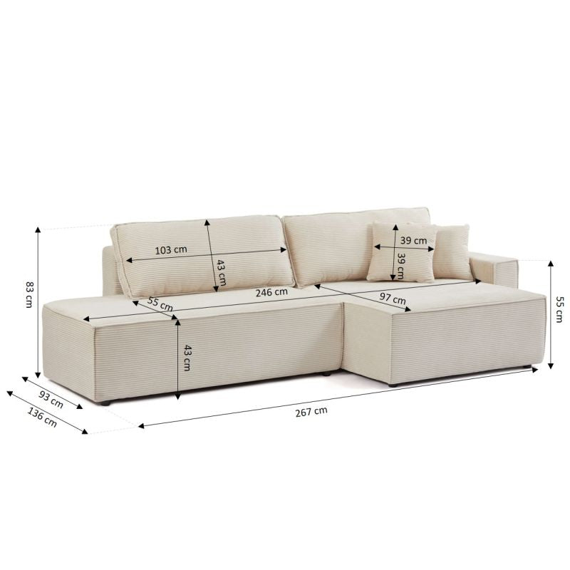 Zola - Canapé D'Angle Droit Ouvert Convertible 4 Places - Velours Cotelé Beige