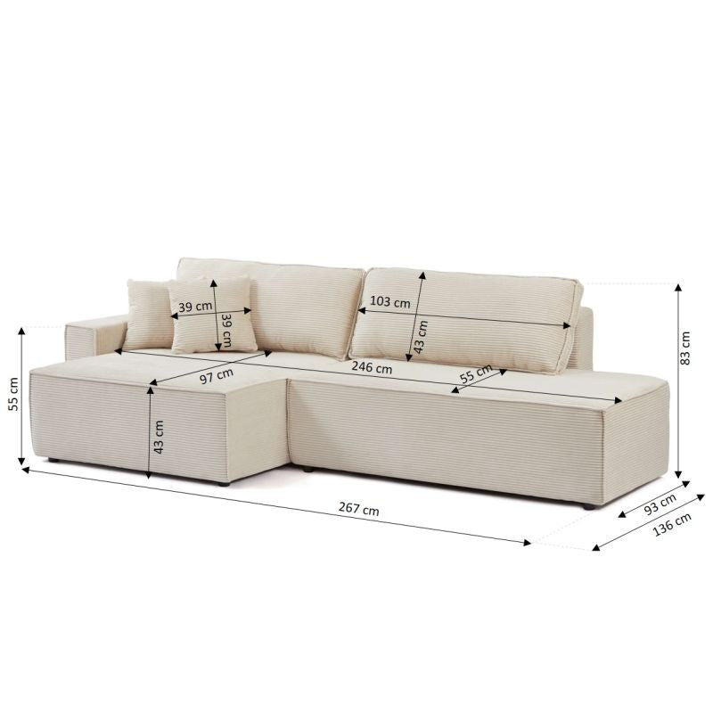 Zola - Canapé D'Angle Gauche Ouvert Convertible 4 Places - Velours Cotelé Beige