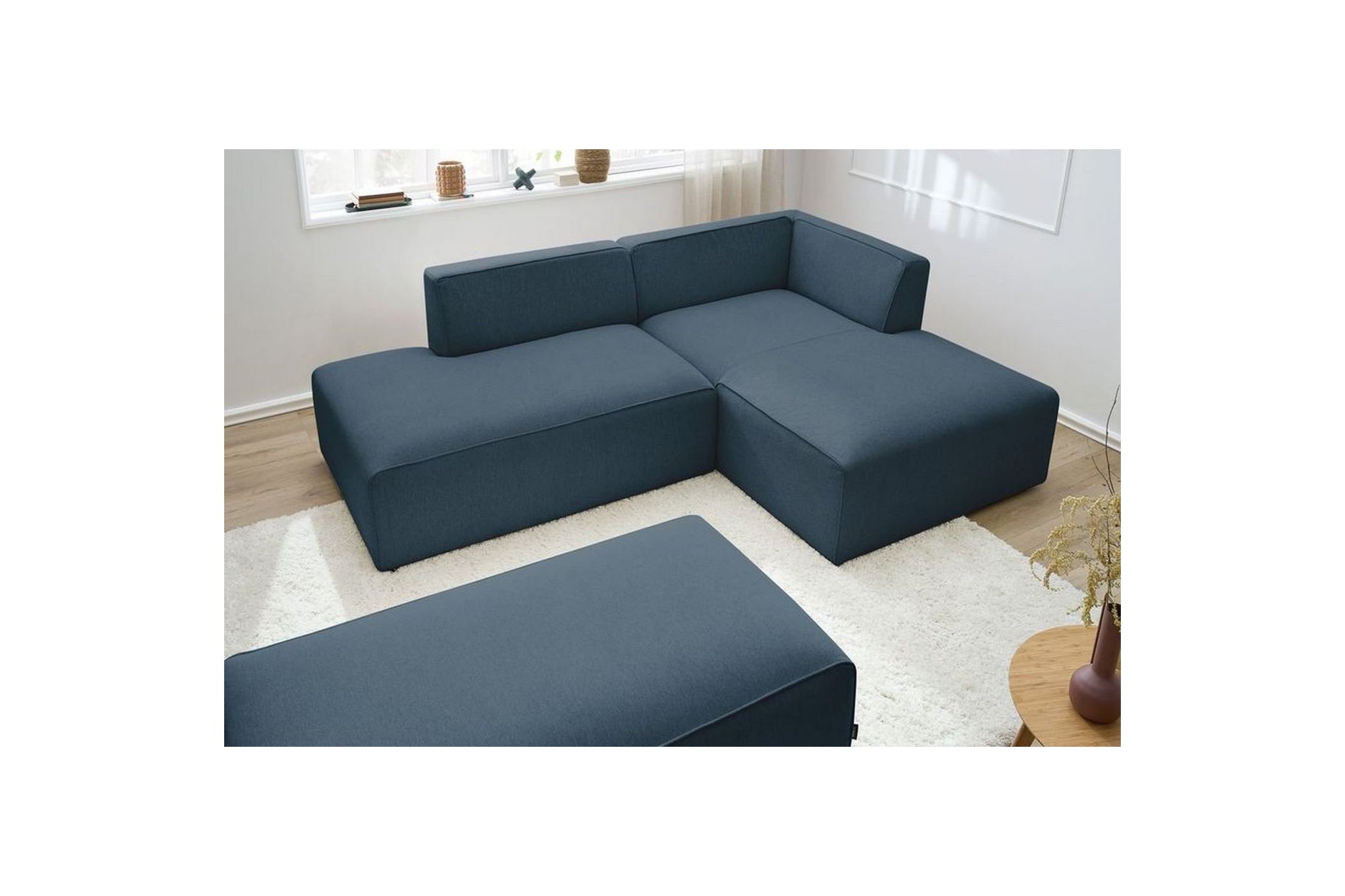 Canapé d'angle fixe modulable MEGEVE tissu lisse avec pouf - Angle droit - BOBOCHIC - The Bradery