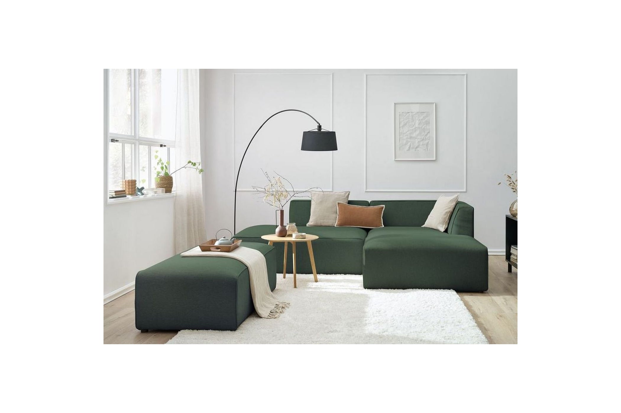 Canapé d'angle fixe modulable MEGEVE tissu lisse avec pouf - Angle droit - BOBOCHIC - The Bradery