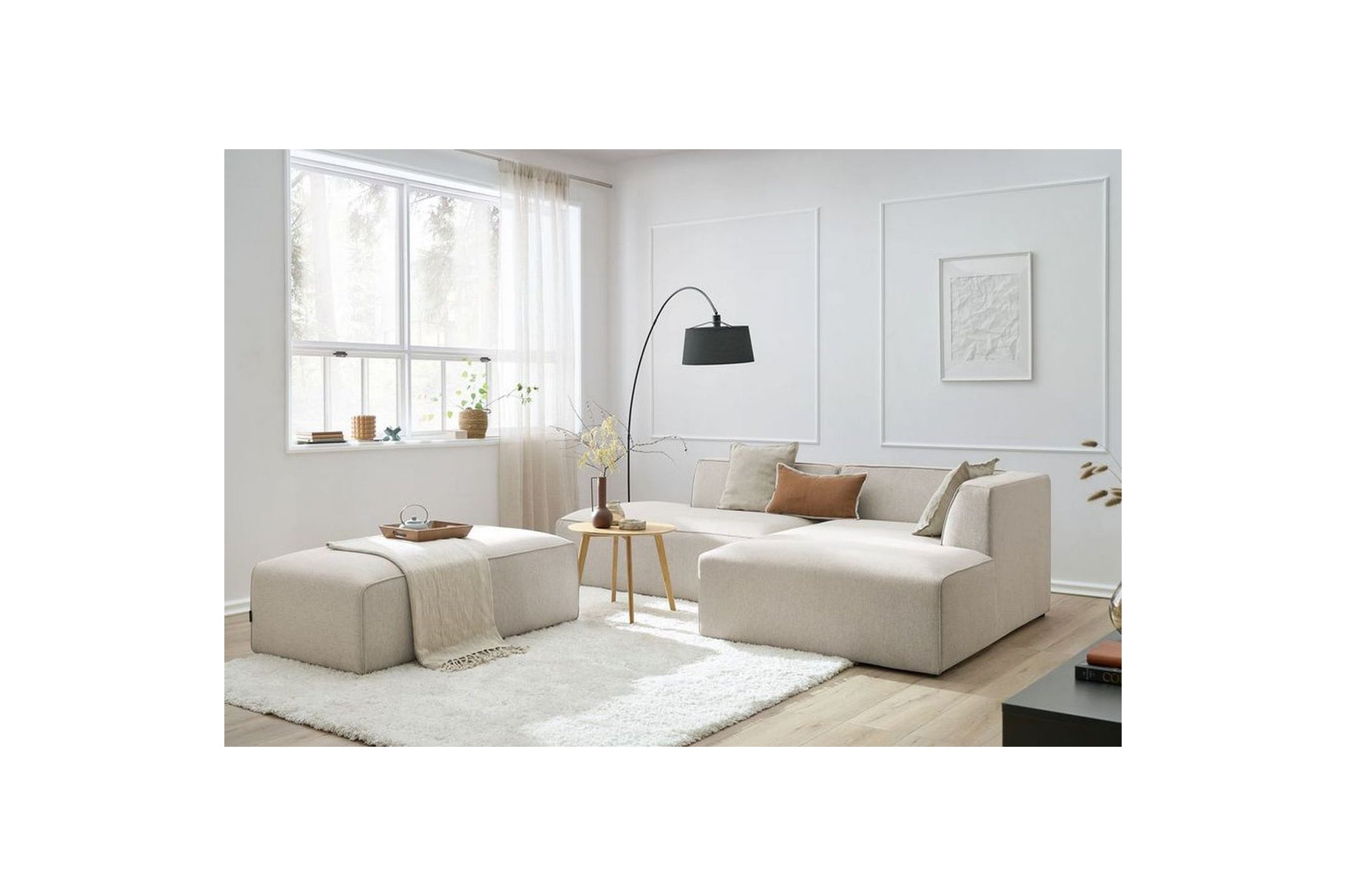 Canapé d'angle fixe modulable MEGEVE tissu lisse avec pouf - Angle droit - BOBOCHIC - The Bradery