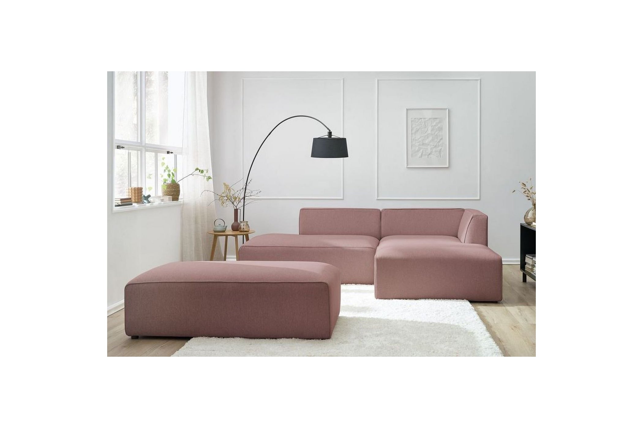 Canapé d'angle fixe modulable MEGEVE tissu lisse avec pouf - Angle droit - BOBOCHIC - The Bradery