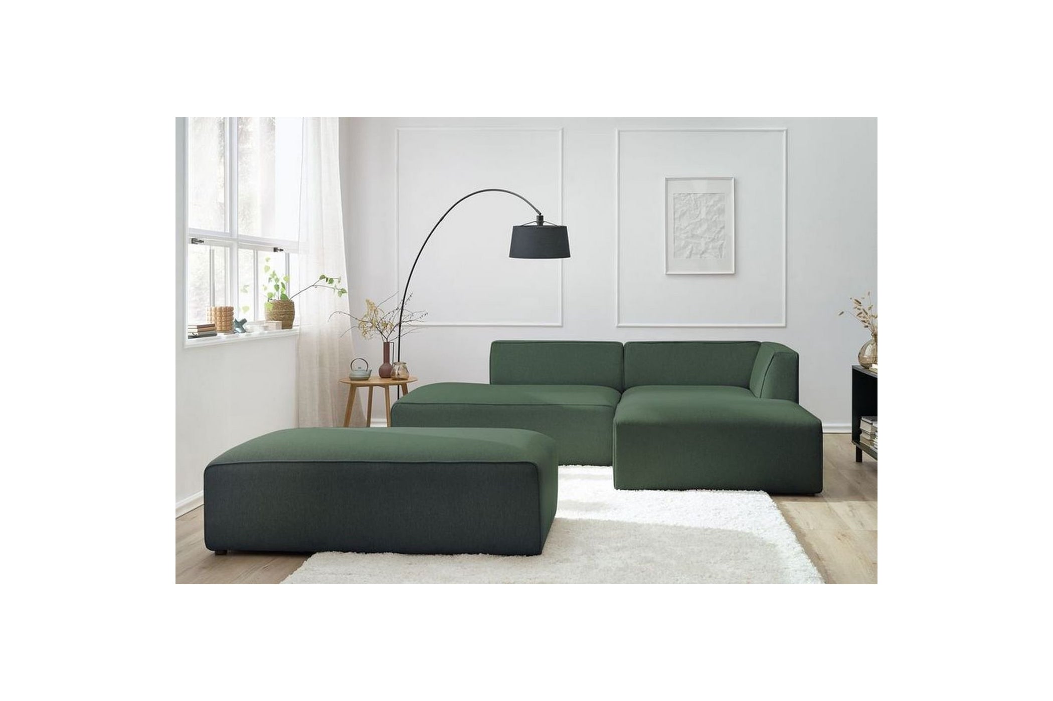 Canapé d'angle fixe modulable MEGEVE tissu lisse avec pouf - Angle droit - BOBOCHIC - The Bradery