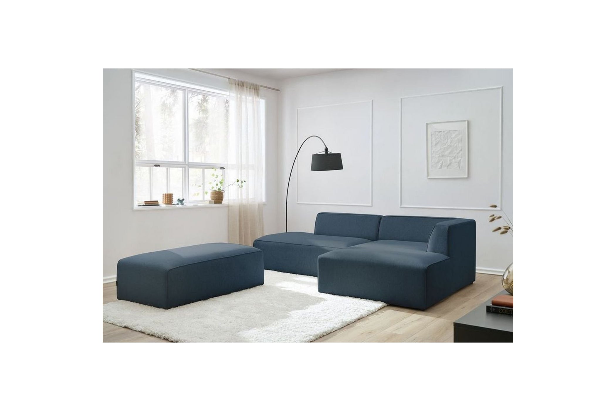 Canapé d'angle fixe modulable MEGEVE tissu lisse avec pouf - Angle droit - BOBOCHIC - The Bradery