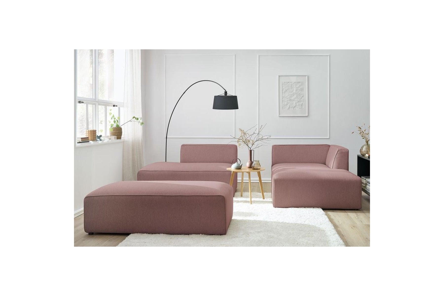 Canapé d'angle fixe modulable MEGEVE tissu lisse avec pouf - Angle droit - BOBOCHIC - The Bradery