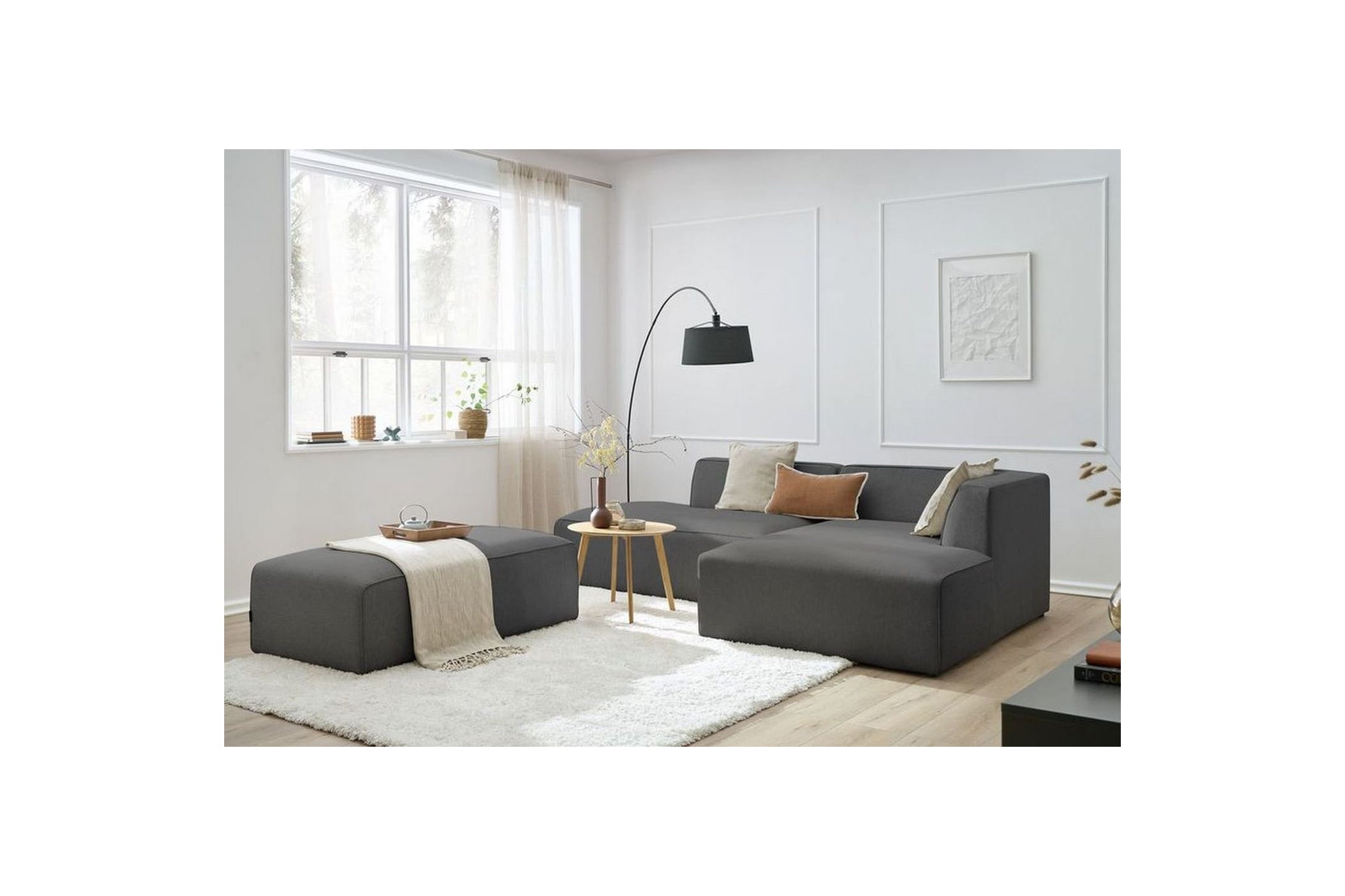 Canapé d'angle fixe modulable MEGEVE tissu lisse avec pouf - Angle droit - BOBOCHIC - The Bradery