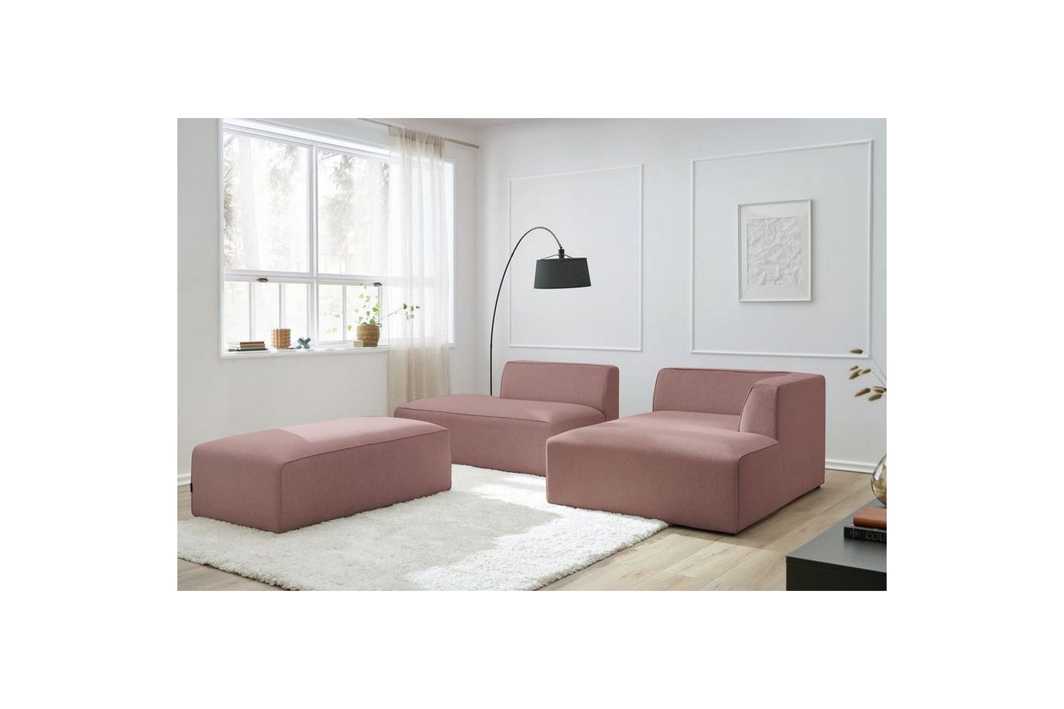 Canapé d'angle fixe modulable MEGEVE tissu lisse avec pouf - Angle droit - BOBOCHIC - The Bradery