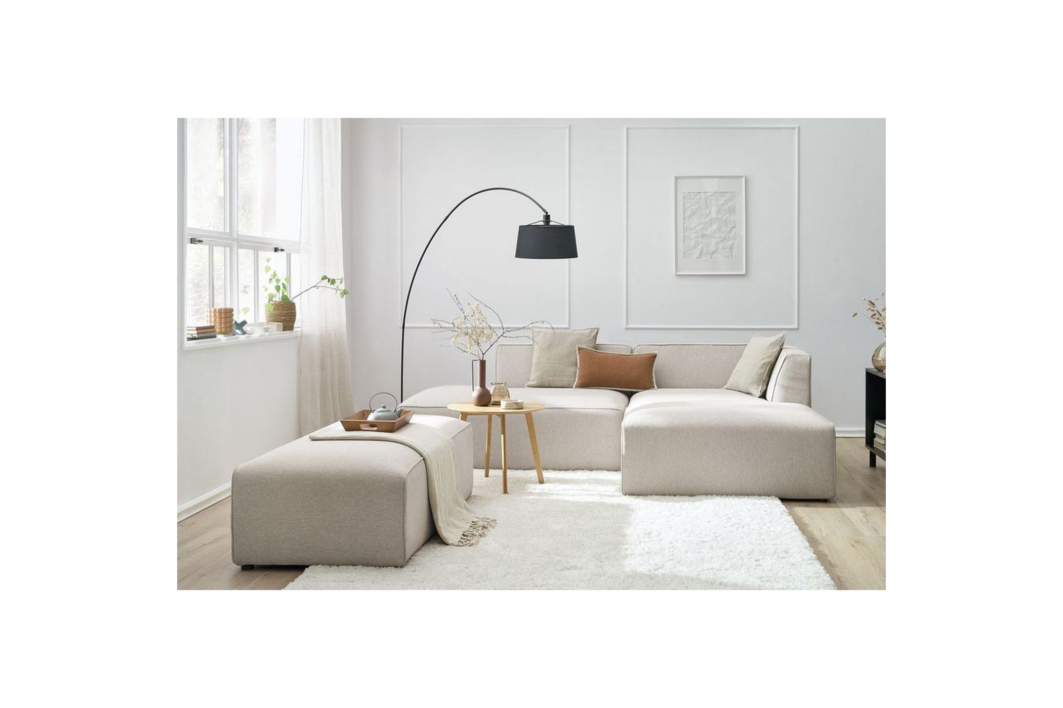 Canapé d'angle fixe modulable MEGEVE tissu lisse avec pouf - Angle droit - BOBOCHIC - The Bradery