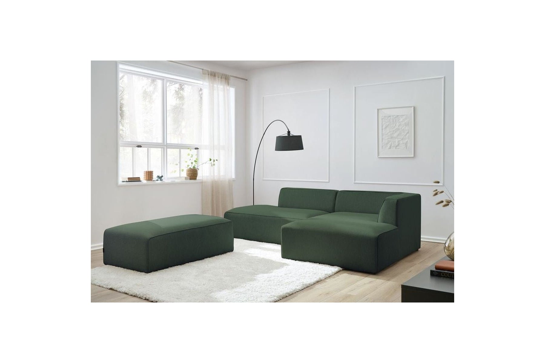 Canapé d'angle fixe modulable MEGEVE tissu lisse avec pouf - Angle droit - BOBOCHIC - The Bradery