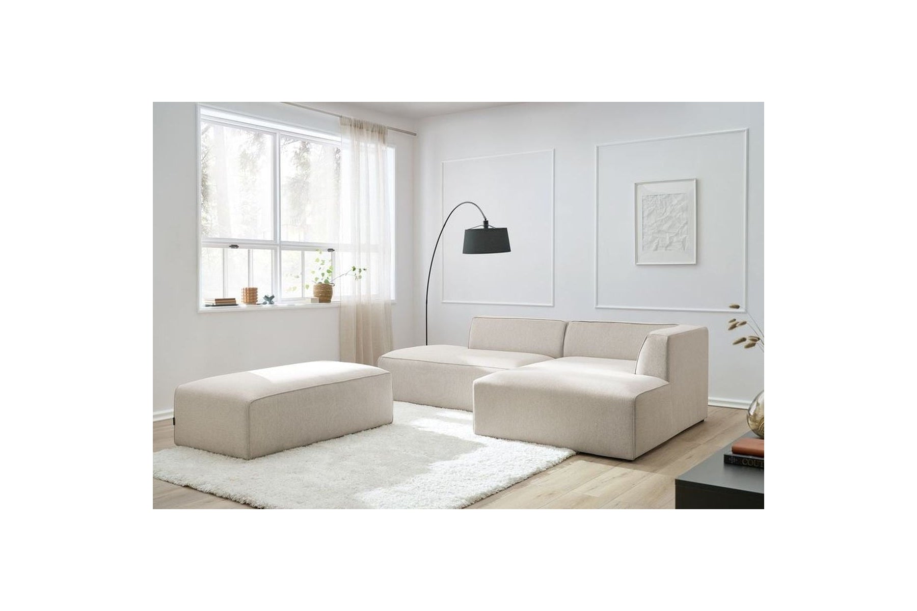Canapé d'angle fixe modulable MEGEVE tissu lisse avec pouf - Angle droit - BOBOCHIC - The Bradery