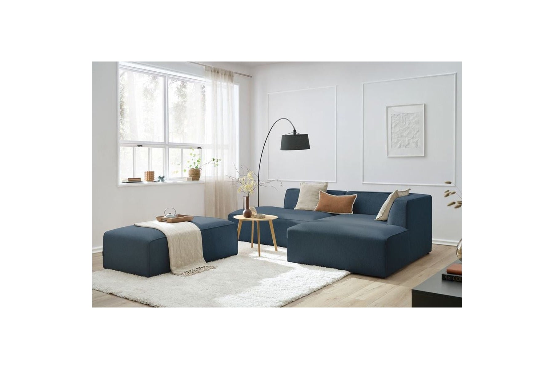 Canapé d'angle fixe modulable MEGEVE tissu lisse avec pouf - Angle droit - BOBOCHIC - The Bradery