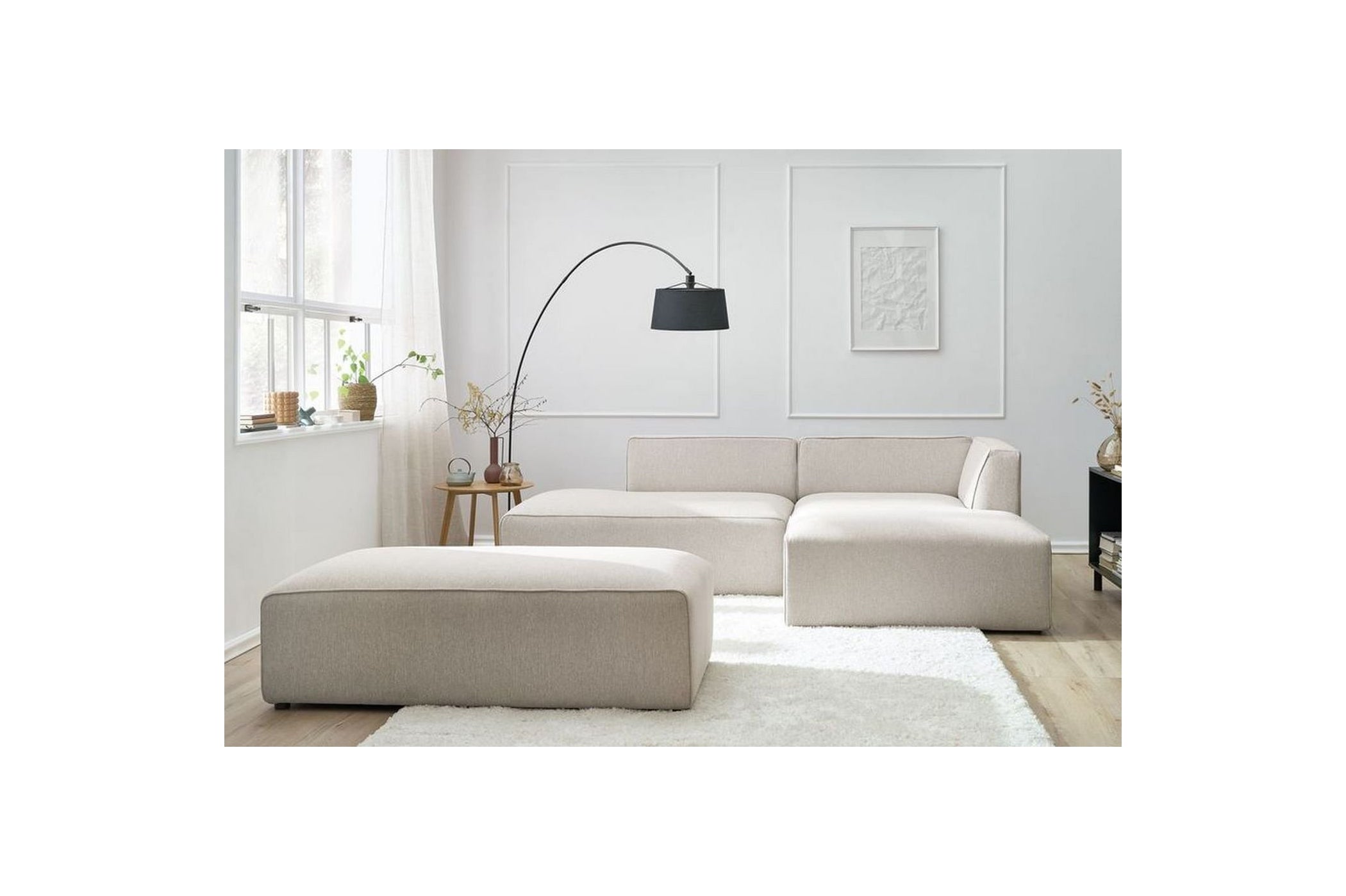 Canapé d'angle fixe modulable MEGEVE tissu lisse avec pouf - Angle droit - BOBOCHIC - The Bradery