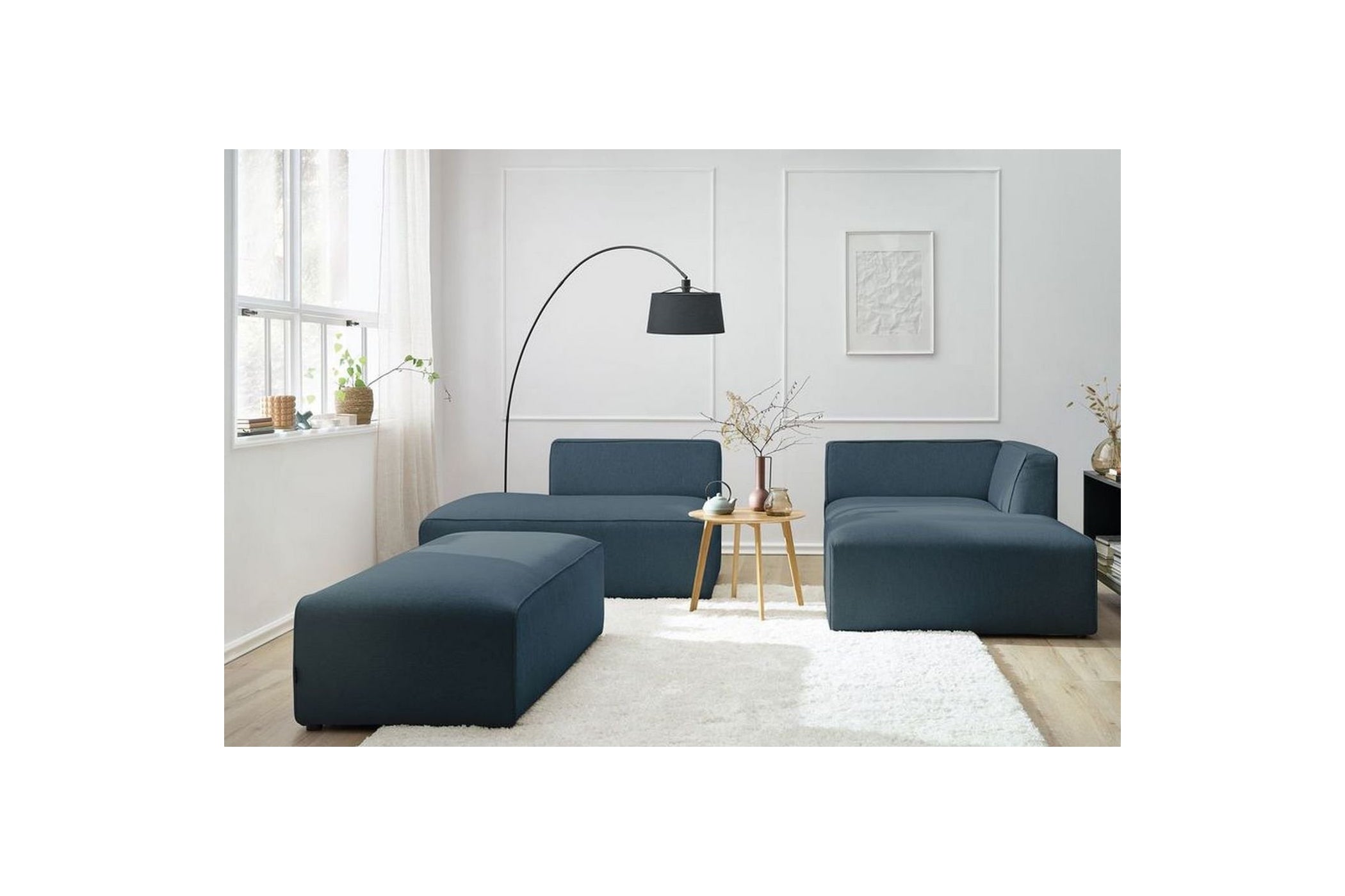 Canapé d'angle fixe modulable MEGEVE tissu lisse avec pouf - Angle droit - BOBOCHIC - The Bradery