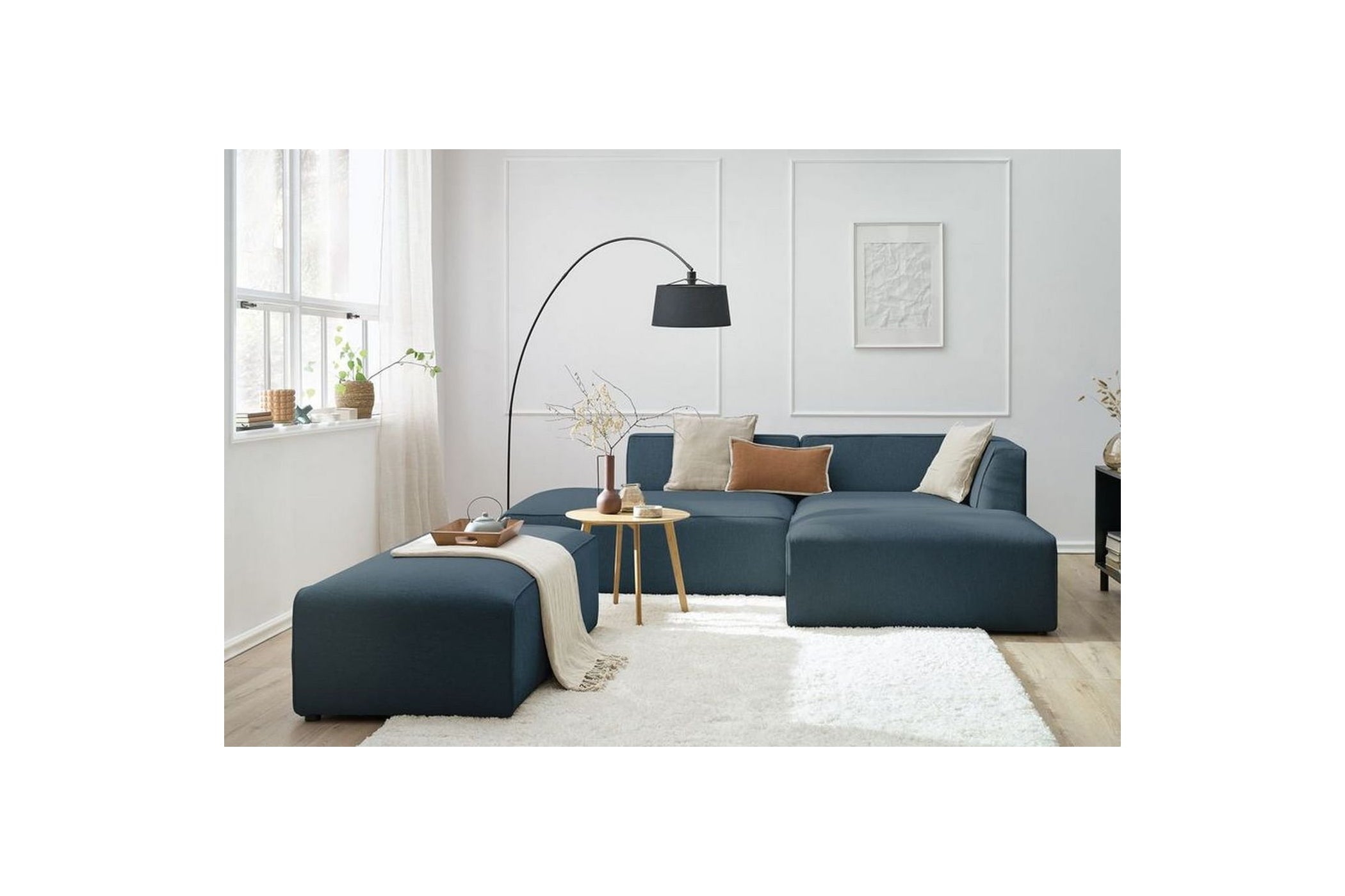 Canapé d'angle fixe modulable MEGEVE tissu lisse avec pouf - Angle droit - BOBOCHIC - The Bradery