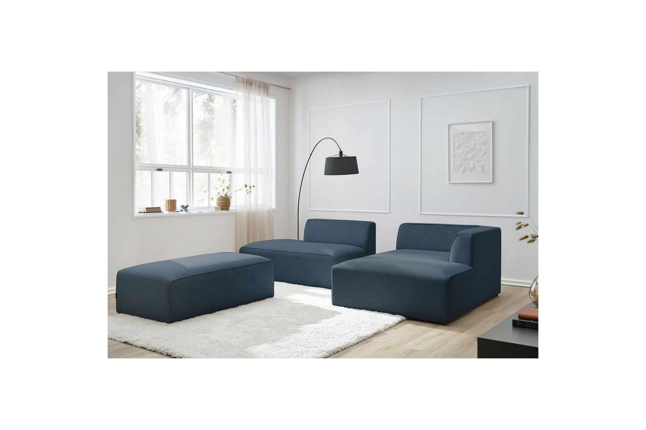 Canapé d'angle fixe modulable MEGEVE tissu lisse avec pouf - Angle droit - BOBOCHIC - The Bradery