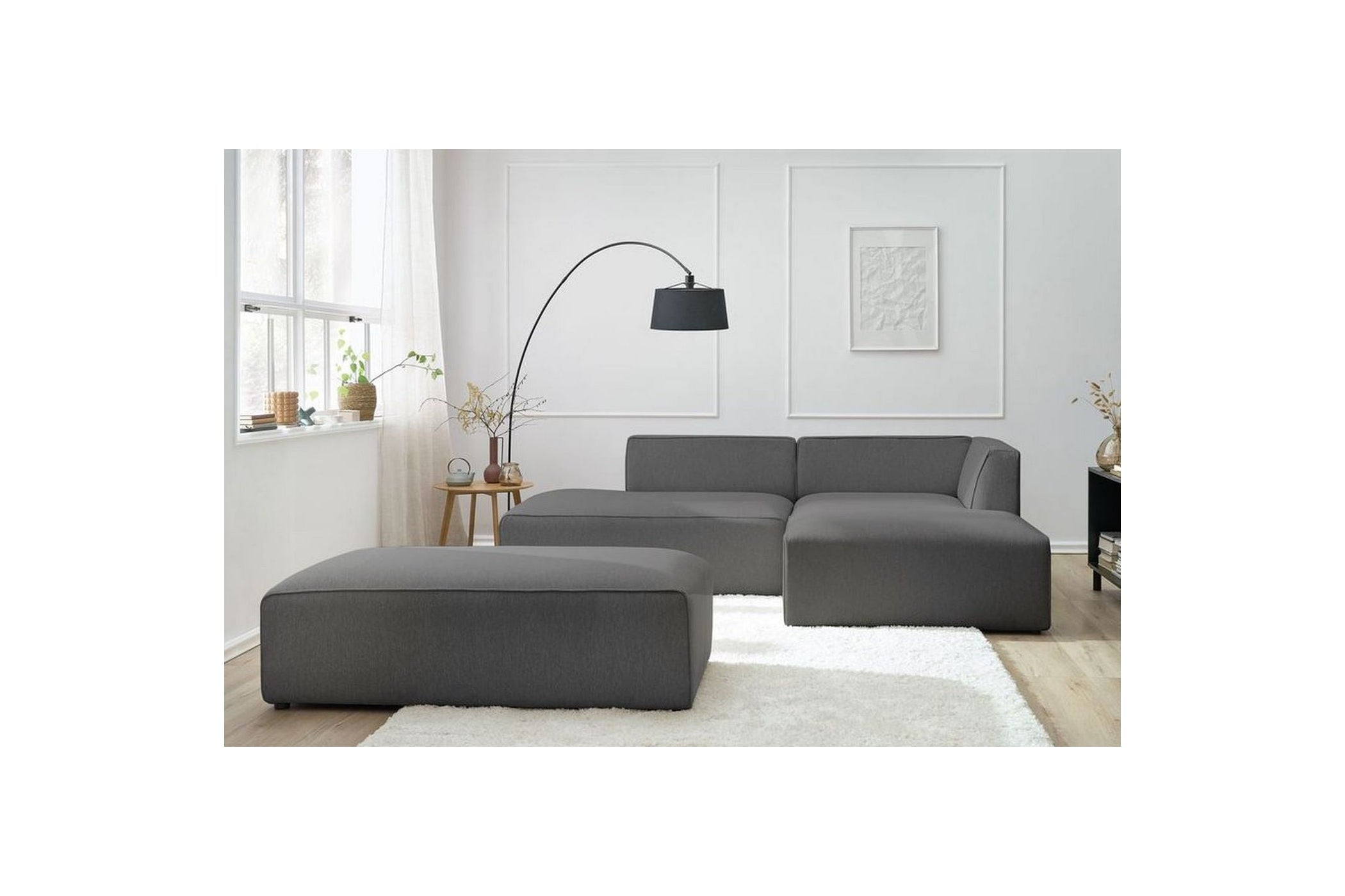 Canapé d'angle fixe modulable MEGEVE tissu lisse avec pouf - Angle droit - BOBOCHIC - The Bradery
