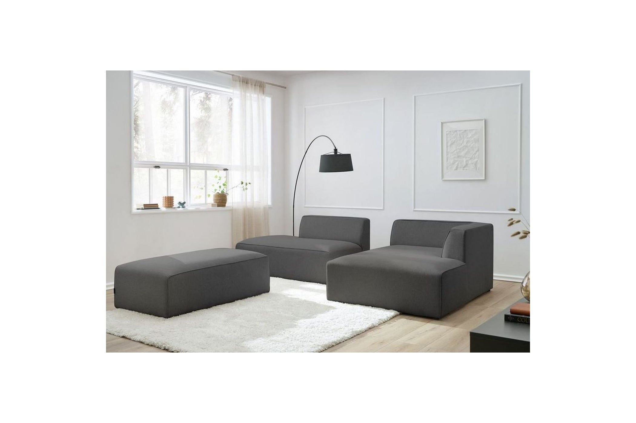 Canapé d'angle fixe modulable MEGEVE tissu lisse avec pouf - Angle droit - BOBOCHIC - The Bradery