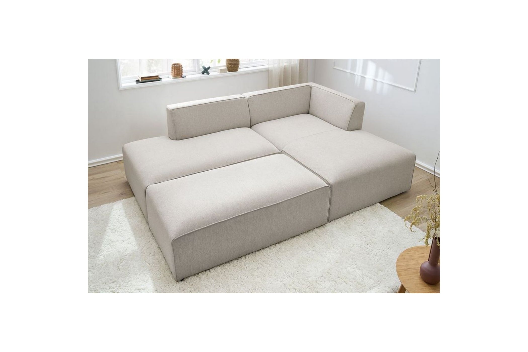 Canapé d'angle fixe modulable MEGEVE tissu lisse avec pouf - Angle droit - BOBOCHIC - The Bradery