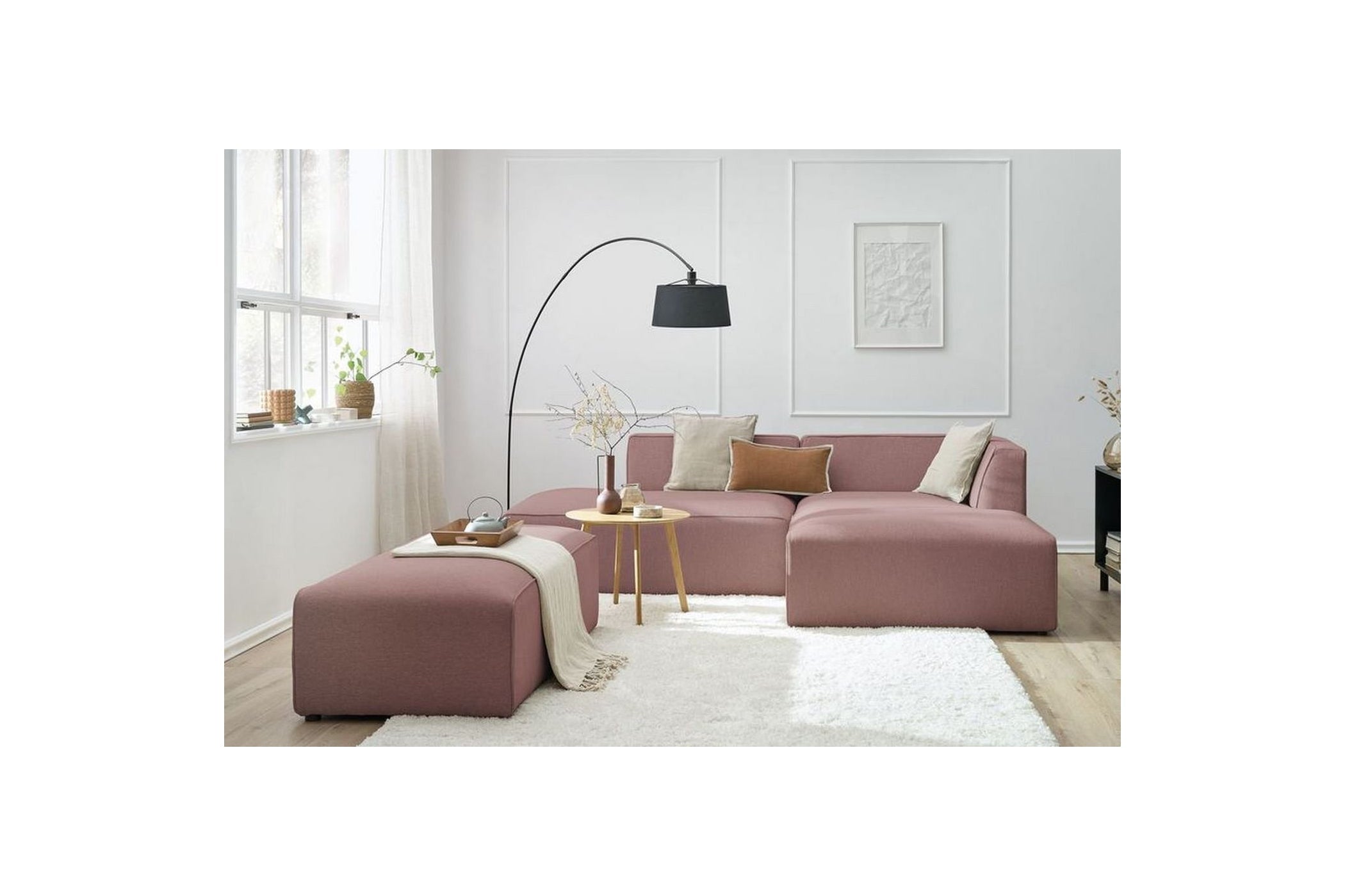 Canapé d'angle fixe modulable MEGEVE tissu lisse avec pouf - Angle droit - BOBOCHIC - The Bradery