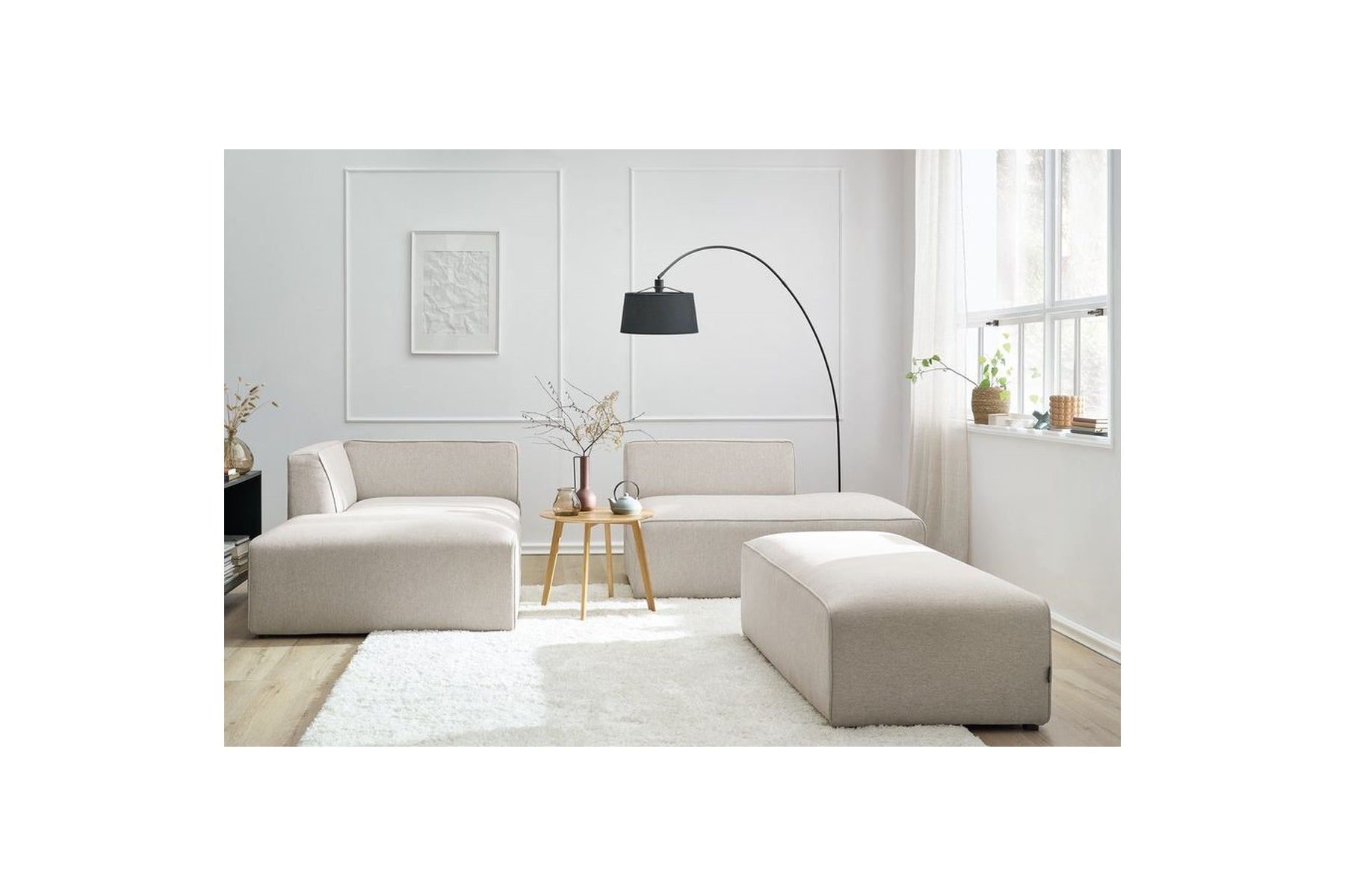 Canapé d'angle fixe modulable MEGEVE tissu lisse avec pouf - Angle gauche - BOBOCHIC - The Bradery