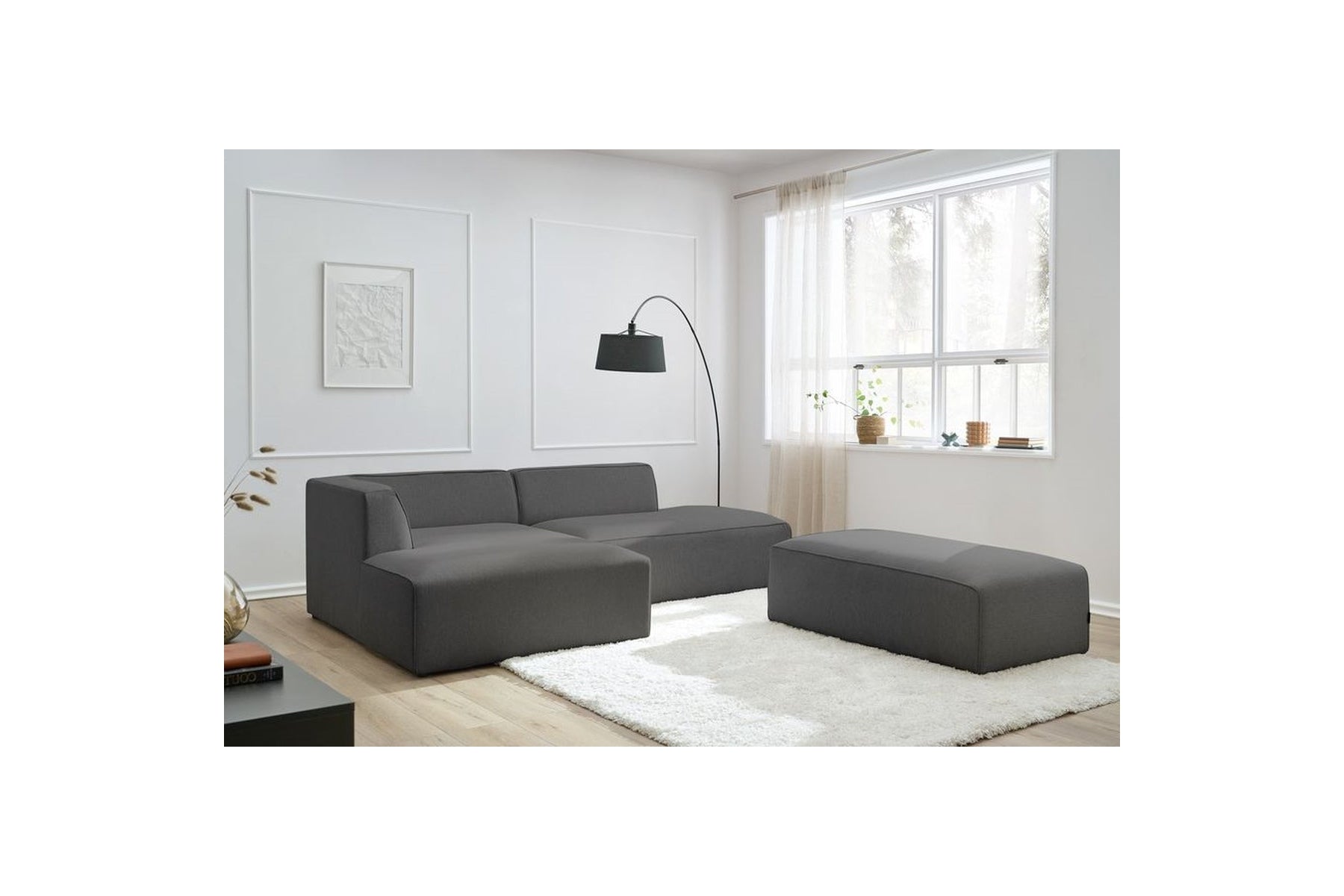 Canapé d'angle fixe modulable MEGEVE tissu lisse avec pouf - Angle gauche - BOBOCHIC - The Bradery