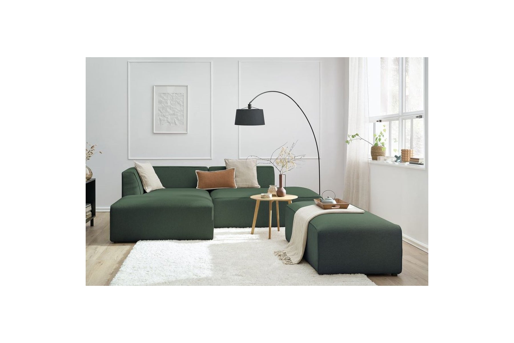Canapé d'angle fixe modulable MEGEVE tissu lisse avec pouf - Angle gauche - BOBOCHIC - The Bradery