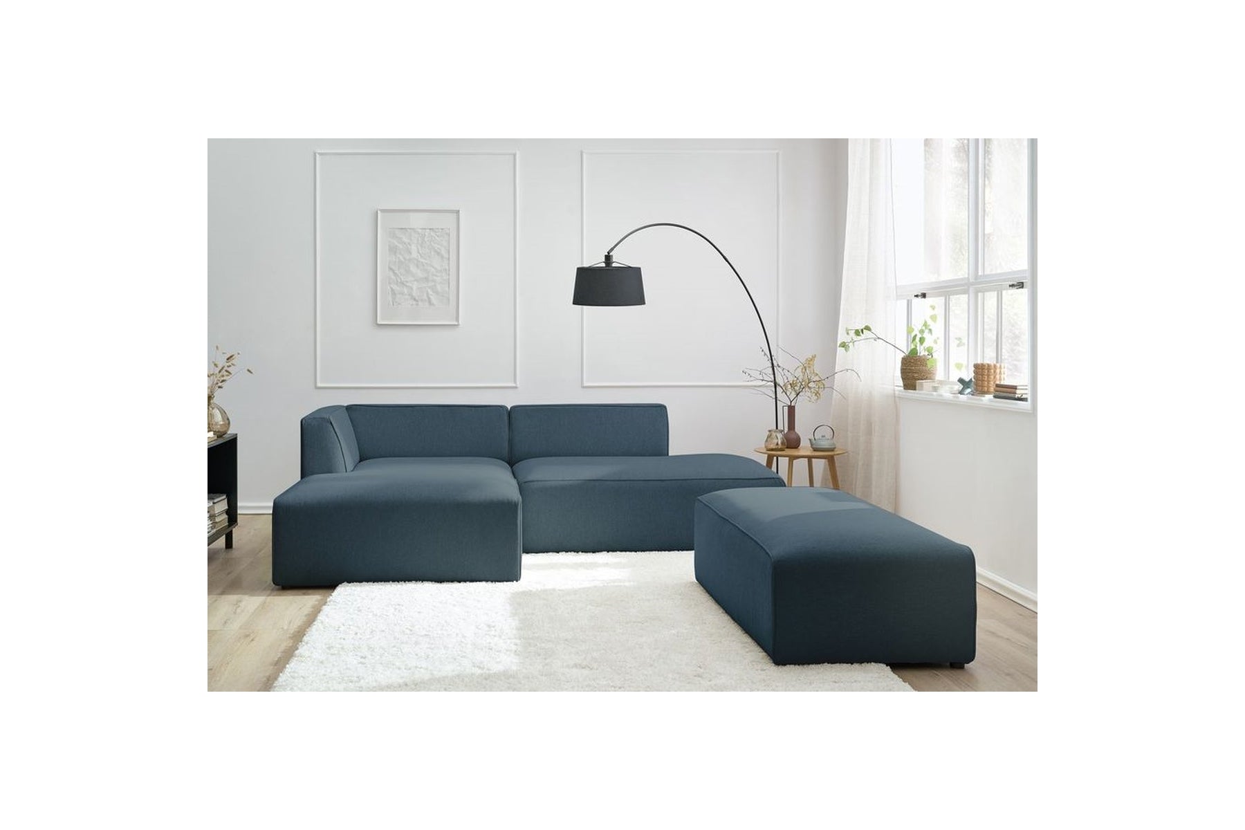 Canapé d'angle fixe modulable MEGEVE tissu lisse avec pouf - Angle gauche - BOBOCHIC - The Bradery