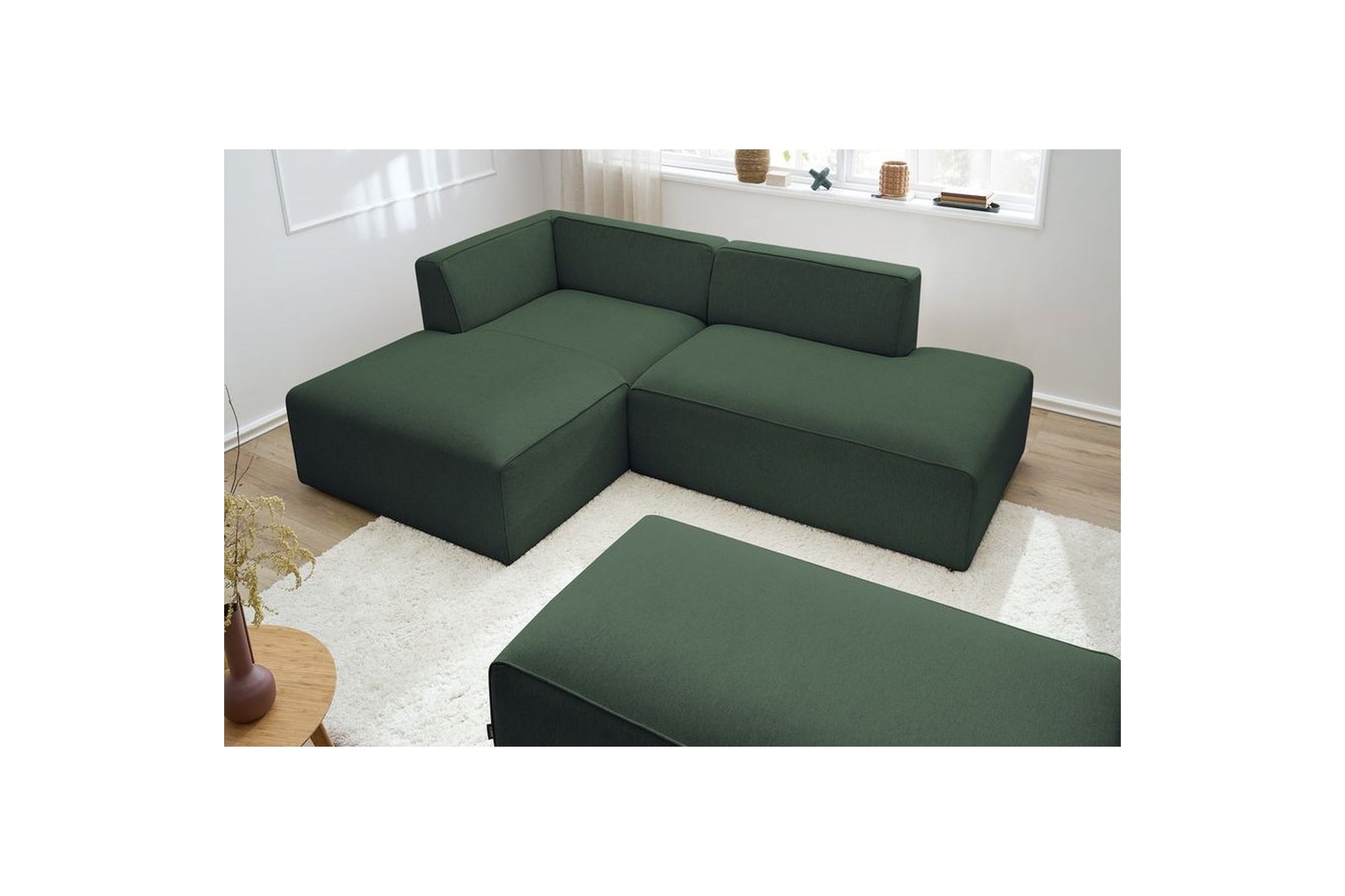 Canapé d'angle fixe modulable MEGEVE tissu lisse avec pouf - Angle gauche - BOBOCHIC - The Bradery