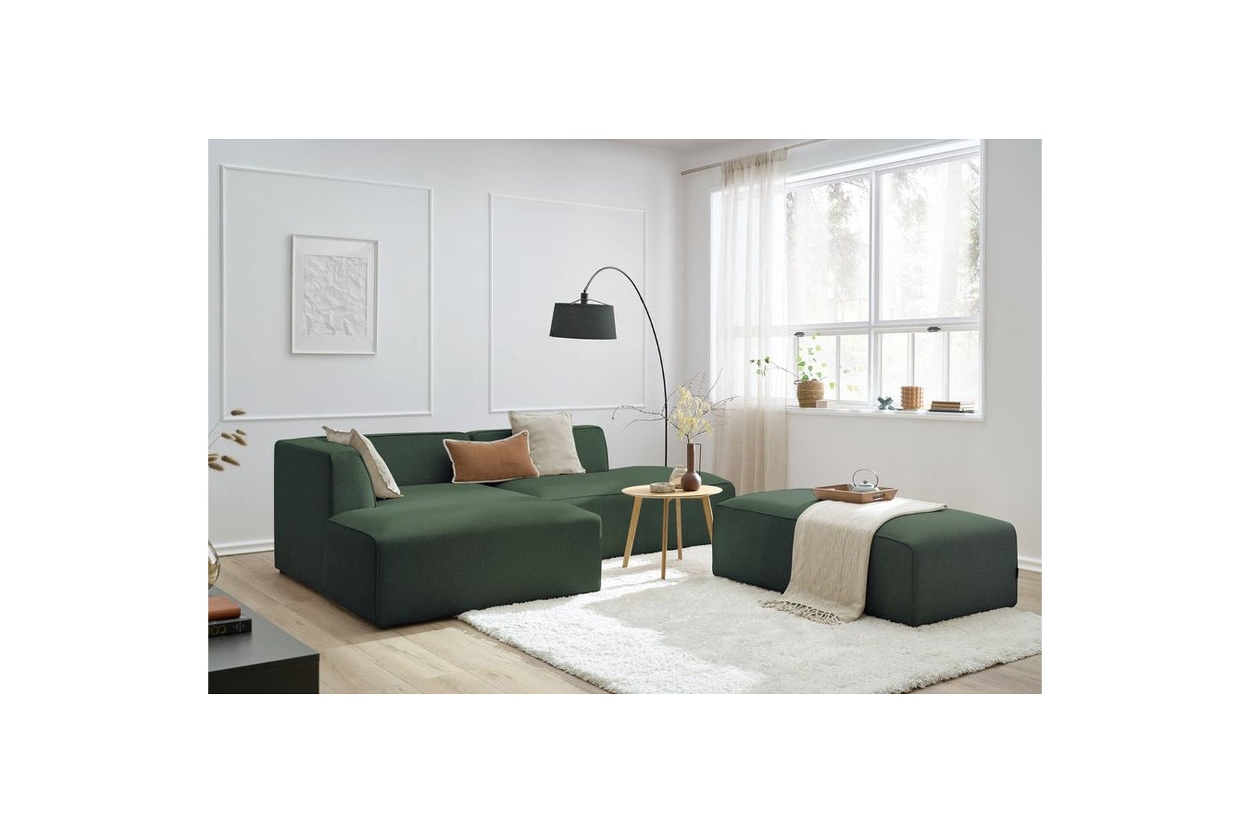 Canapé d'angle fixe modulable MEGEVE tissu lisse avec pouf - Angle gauche - BOBOCHIC - The Bradery