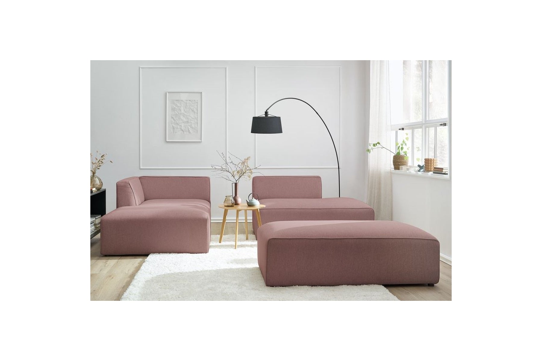 Canapé d'angle fixe modulable MEGEVE tissu lisse avec pouf - Angle gauche - BOBOCHIC - The Bradery