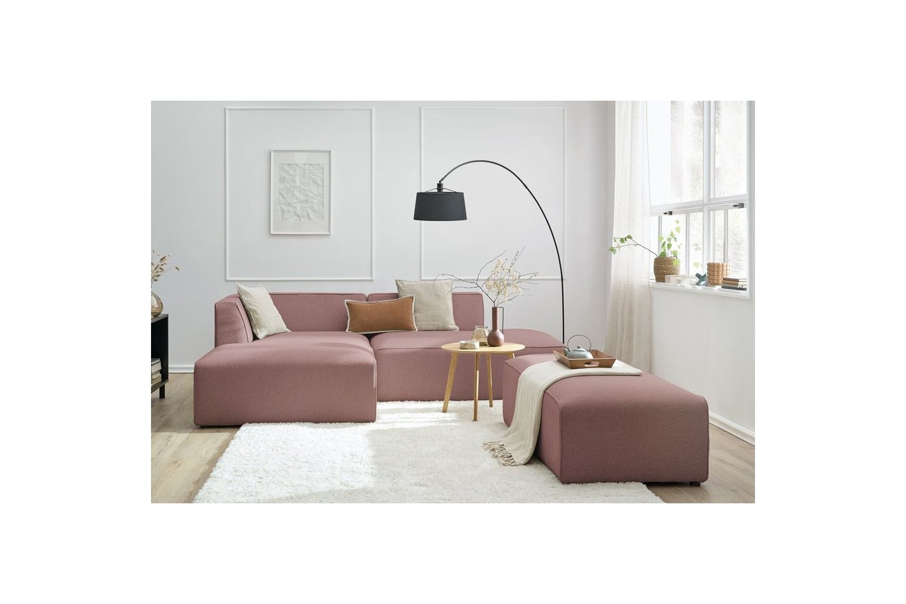 Canapé d'angle fixe modulable MEGEVE tissu lisse avec pouf - Angle gauche - BOBOCHIC - The Bradery