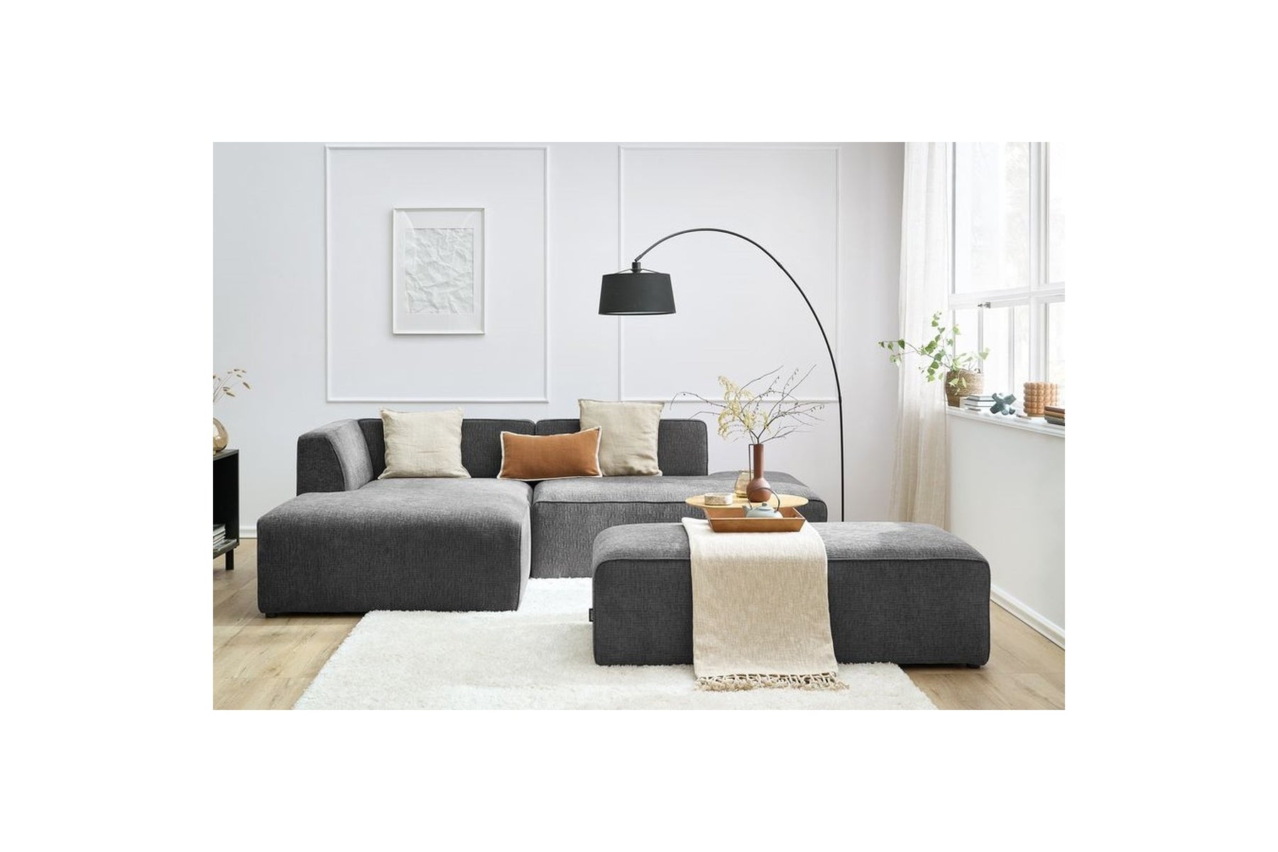 Canapé d'angle fixe modulable MEGEVE tissu lisse avec pouf - Angle gauche - BOBOCHIC - The Bradery