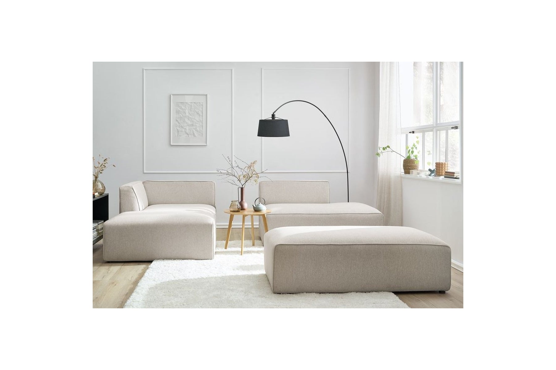 Canapé d'angle fixe modulable MEGEVE tissu lisse avec pouf - Angle gauche - BOBOCHIC - The Bradery