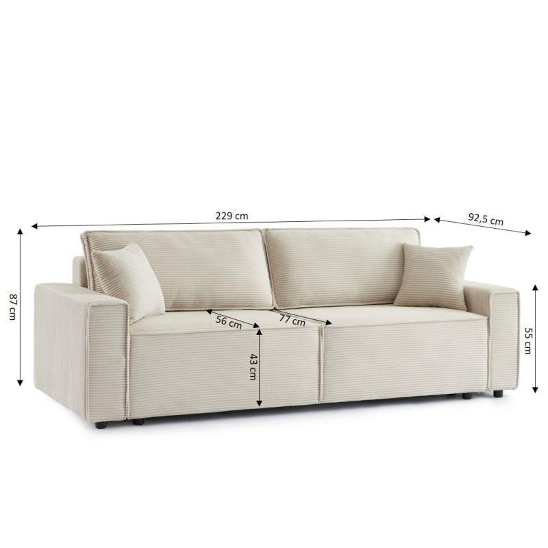 Zola - Canapé Droit Convertible 3 Places - Velours Côtelé Beige