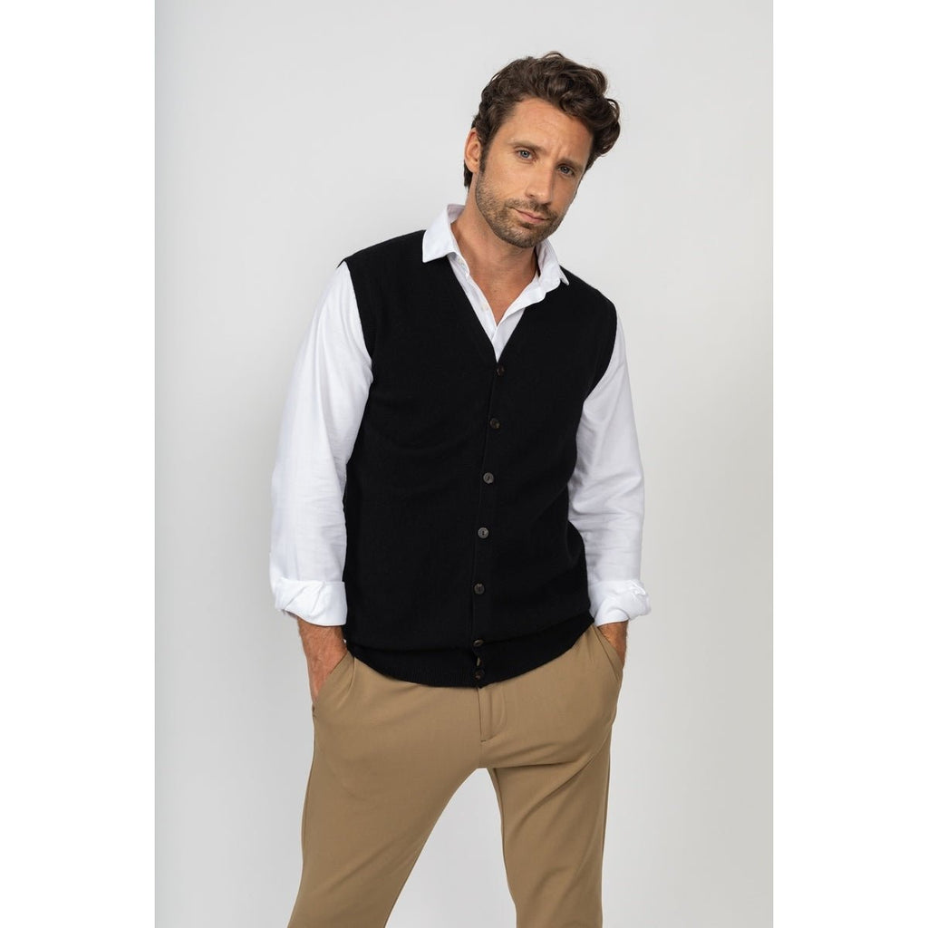 Cardigan Sans Manches Arthur Noir, Jersey, 100% Cachemire, 2 Fils - Homme - Perfect Cashmere - The Bradery
