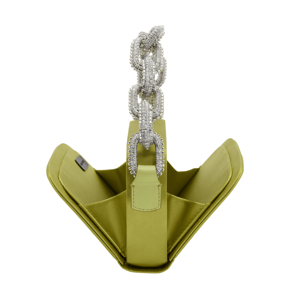 Catena Acid Green Two-Sided Bag with metallic chain-link handle, handcrafted in luxurious silk satin.