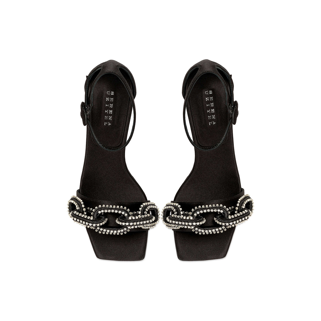 Catena Black & Glam High-Heel Ankle Sandal with crystal-wrapped chain embroidery and 90mm heel.