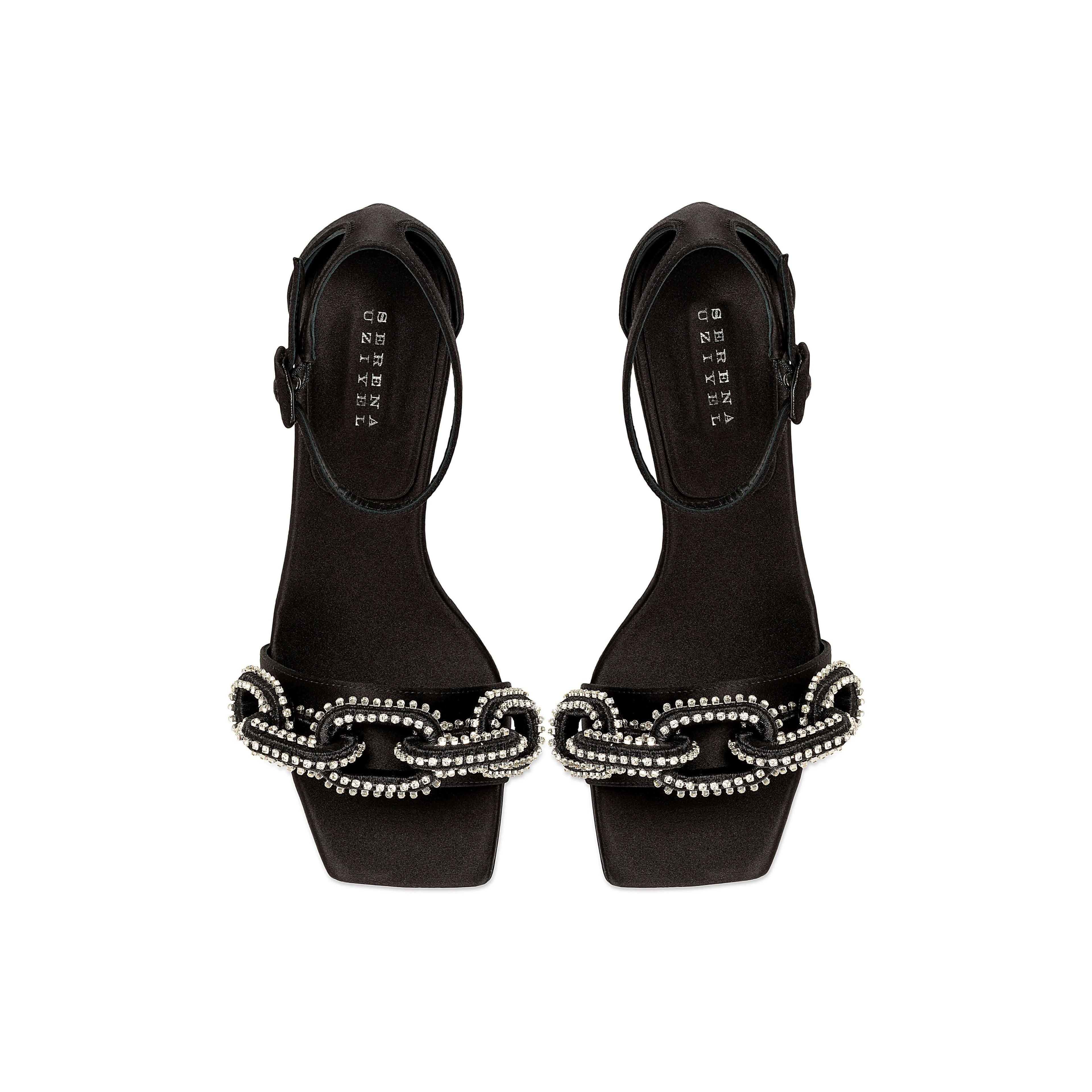 Catena Black & Glam High-Heel Ankle Sandal with crystal-wrapped chain embroidery and 90mm heel.