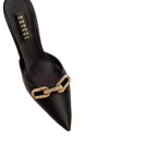 Catena Black High-Heel Mule Pump with antique gold chain embroidery and pointy toe, handcrafted in Italy.