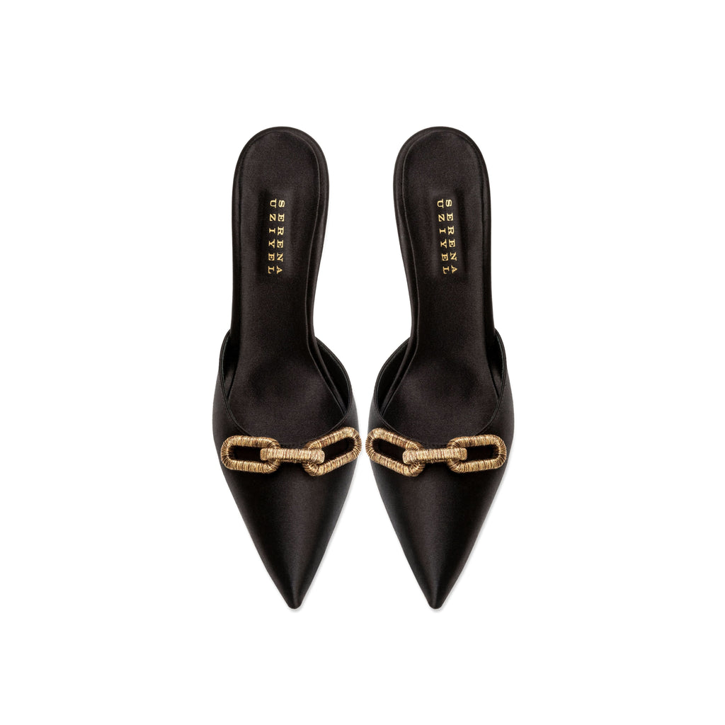 Catena Black High-Heel Mule Pump in sleek satin with antique gold chain embroidery and pointy toe design.