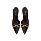 Catena Black High-Heel Mule Pump in sleek satin with antique gold chain embroidery and pointy toe design.