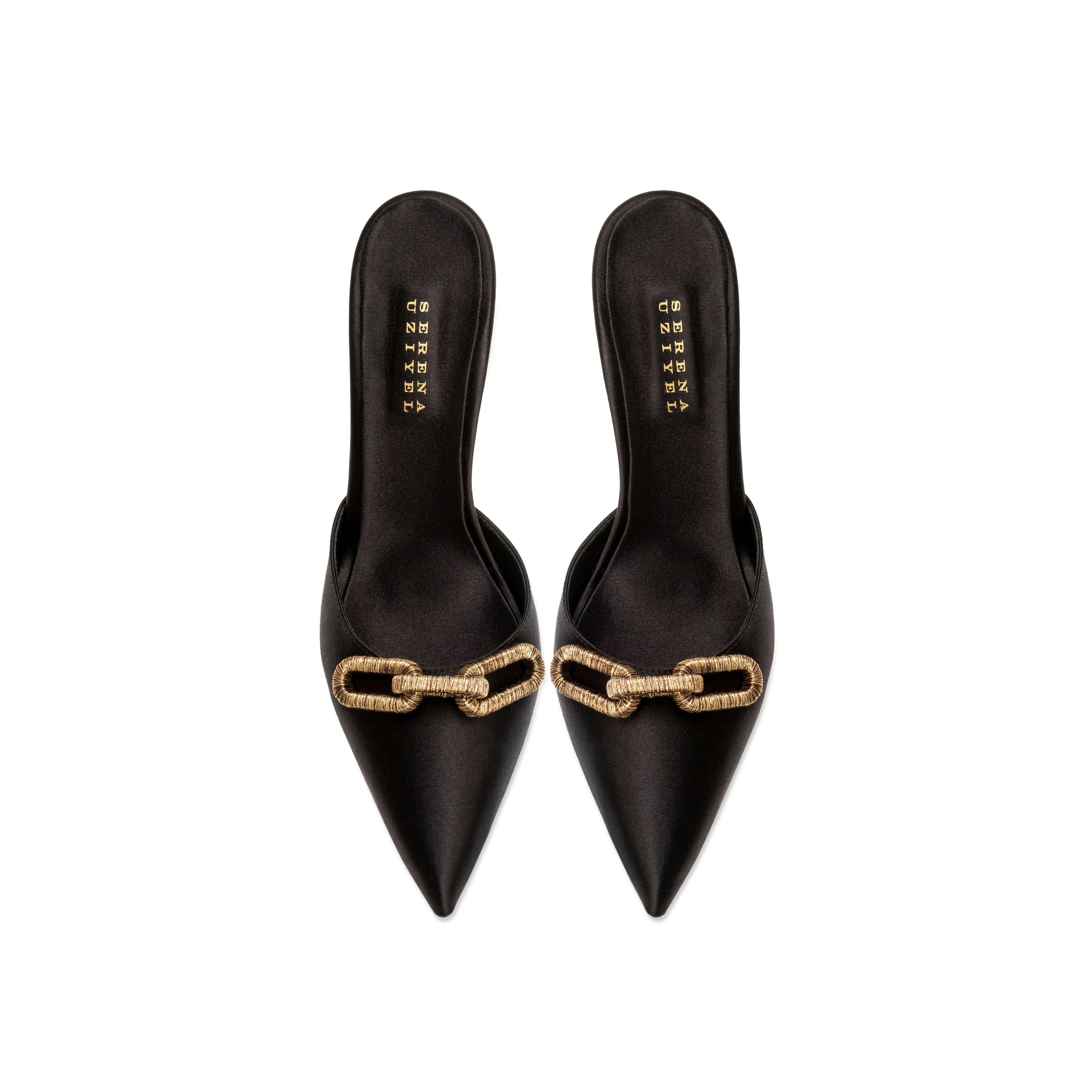 Catena Black High-Heel Mule Pump in sleek satin with antique gold chain embroidery and pointy toe design.