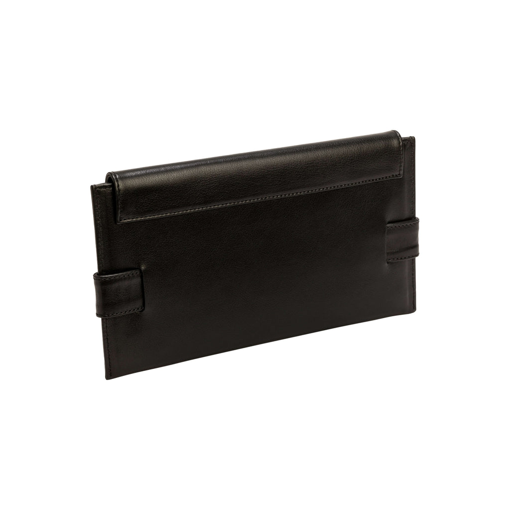 Catena black leather envelope clutch, handcrafted with a sleek rectangular shape and elegant closure for nighttime elegance.