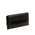 Catena Black Leather Envelope Clutch with silk chain embroidery, perfect for night outings.