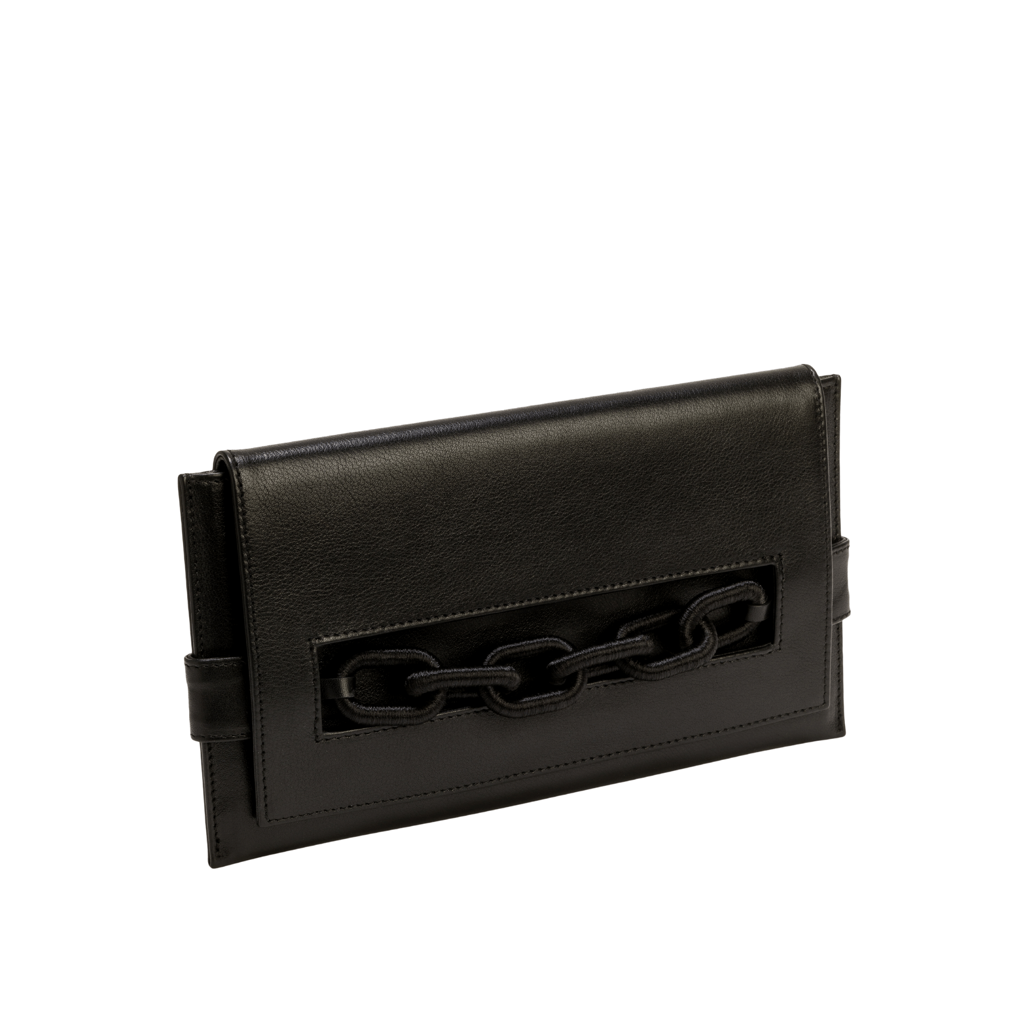 Catena Black Leather Envelope Clutch with silk chain embroidery, perfect for night outings.