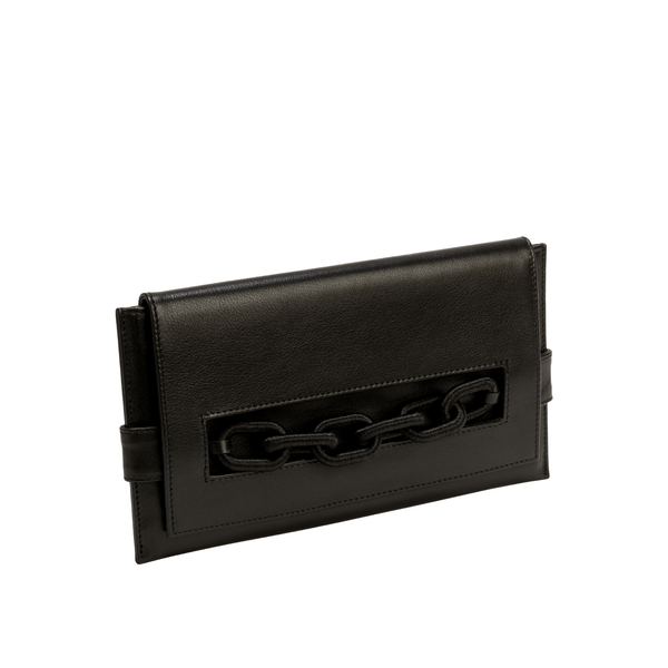 Catena Black Leather Envelope Clutch with silk chain embroidery, perfect for night outings.