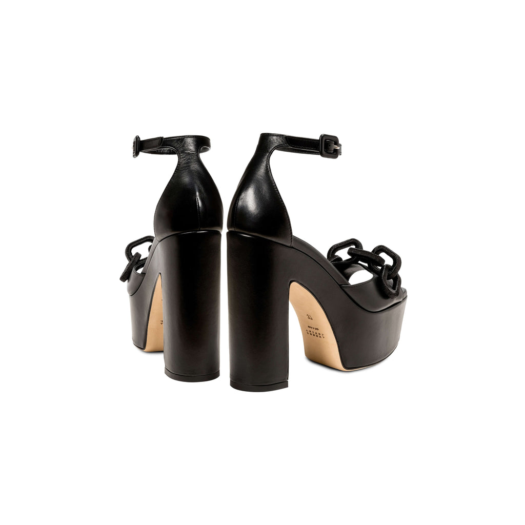 Elegant Catena Black Platform Ankle Sandals featuring chunky block heels and wrapped chain embellishments.