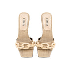 Catena Natural Mid-Heel Sandal featuring a chic chain link design in fine linen, perfect for elegant outfits.