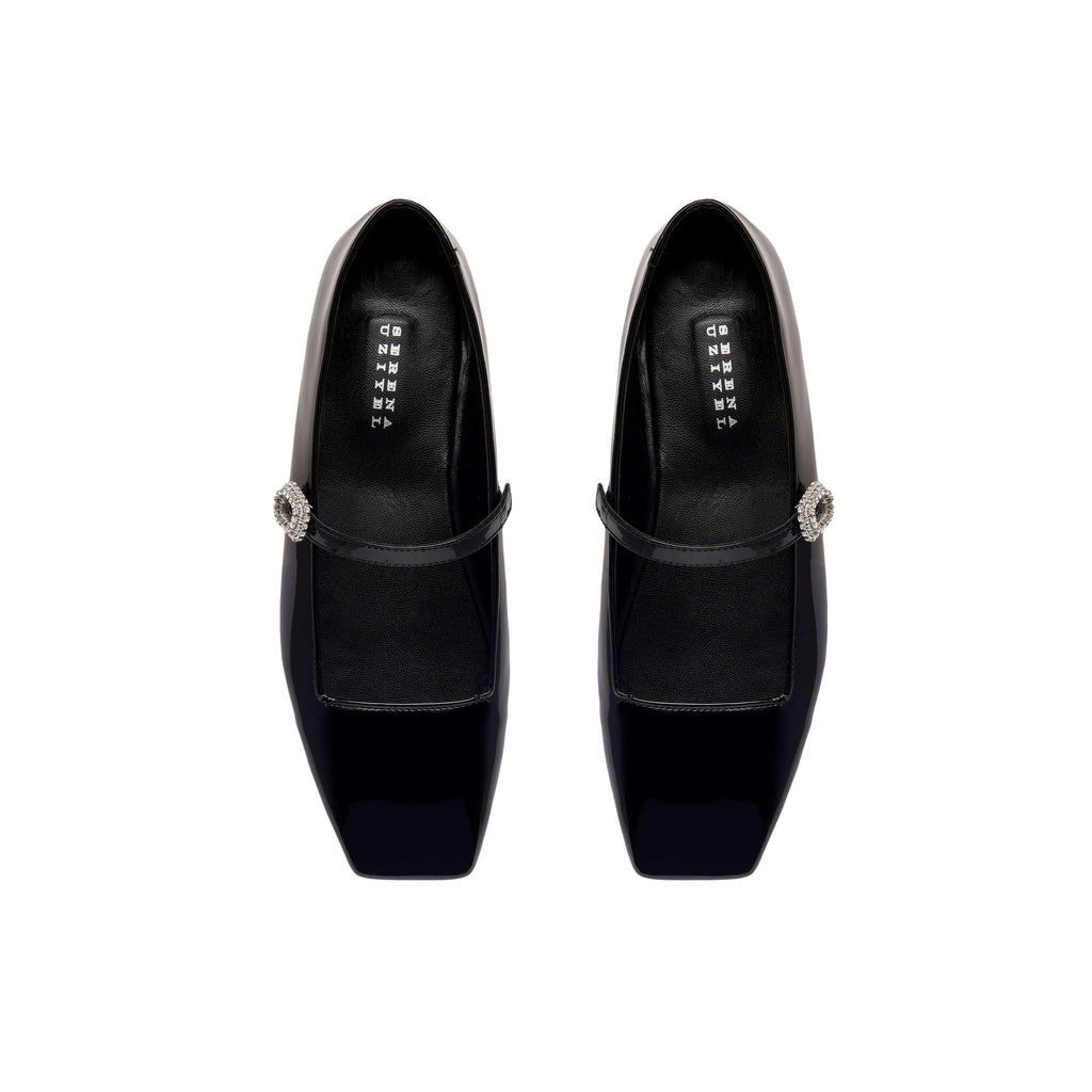 Catena Notte Black & Glam Flat Ballerina shoes in glossy patent leather with a squared toe and crystal-accented strap.
